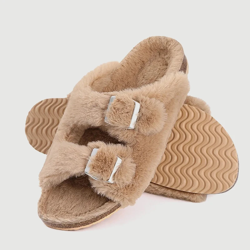 Smile Pop Classical Women's Fur Flip flops Winter Cork Fluffy Women's Shoes With Adjustable Buckle Indoor Plush House Flip flops