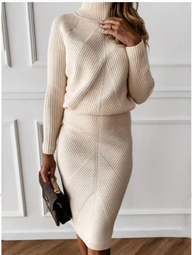 

2026 Spring/Summer New Collection in Stock Women's High Collar Knitted Solid Color Thick Collar Hoodie Sweater Dress 2-piece Set