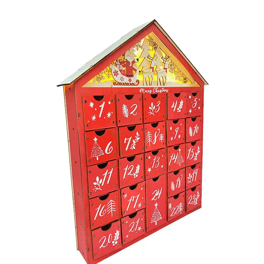

Christmas Red Wooden Advent Calendar Table Decor - Nature Scene with LED Lamp