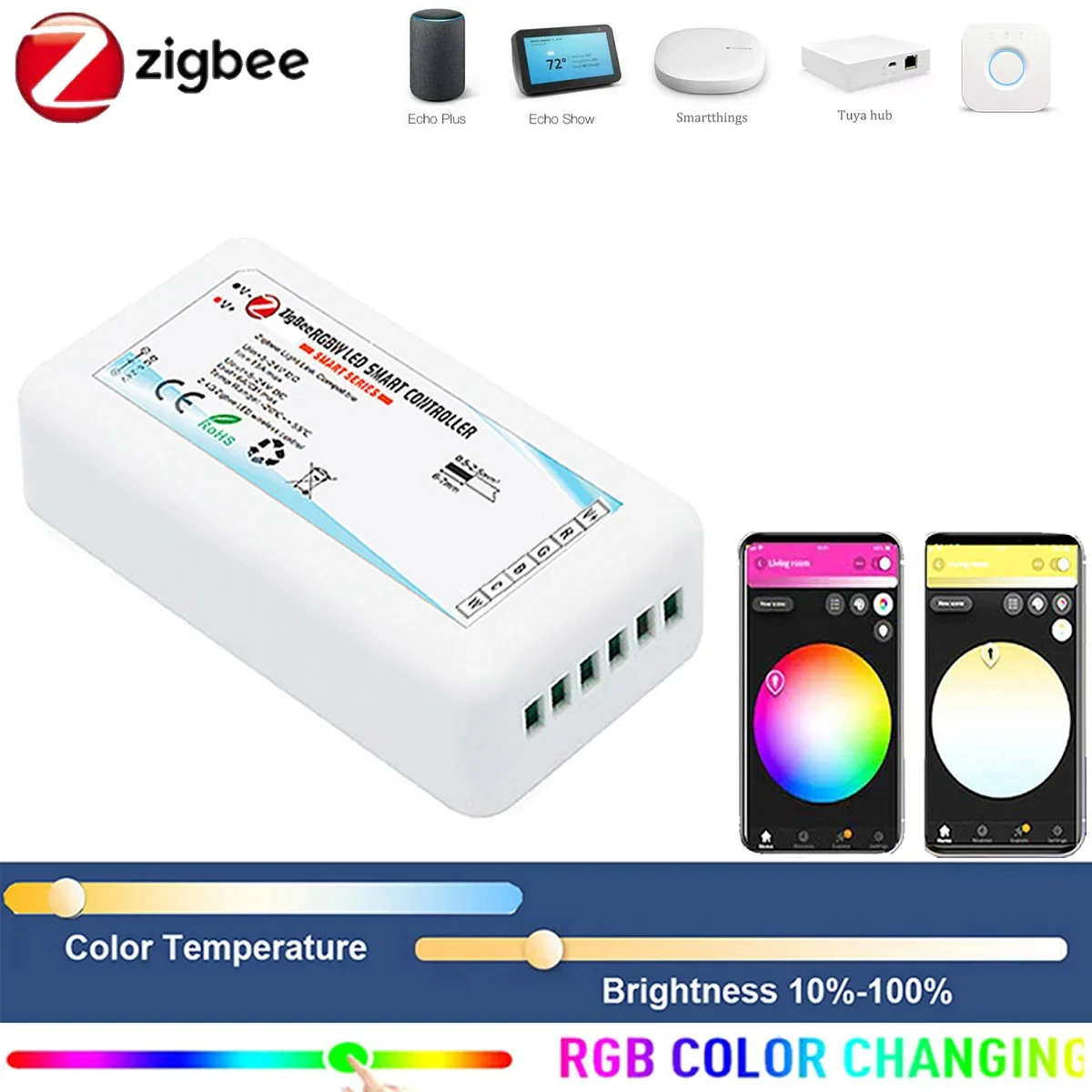 ZIGBEE-Bande lumineuse LED pour SmartThings Echo Plus, 5M, 10M, 15M, 20M DC24V, ZIGBEE 3.0, Contrôleur Intelligent 5050, 5 en 1, RGBCCT RGB + W +