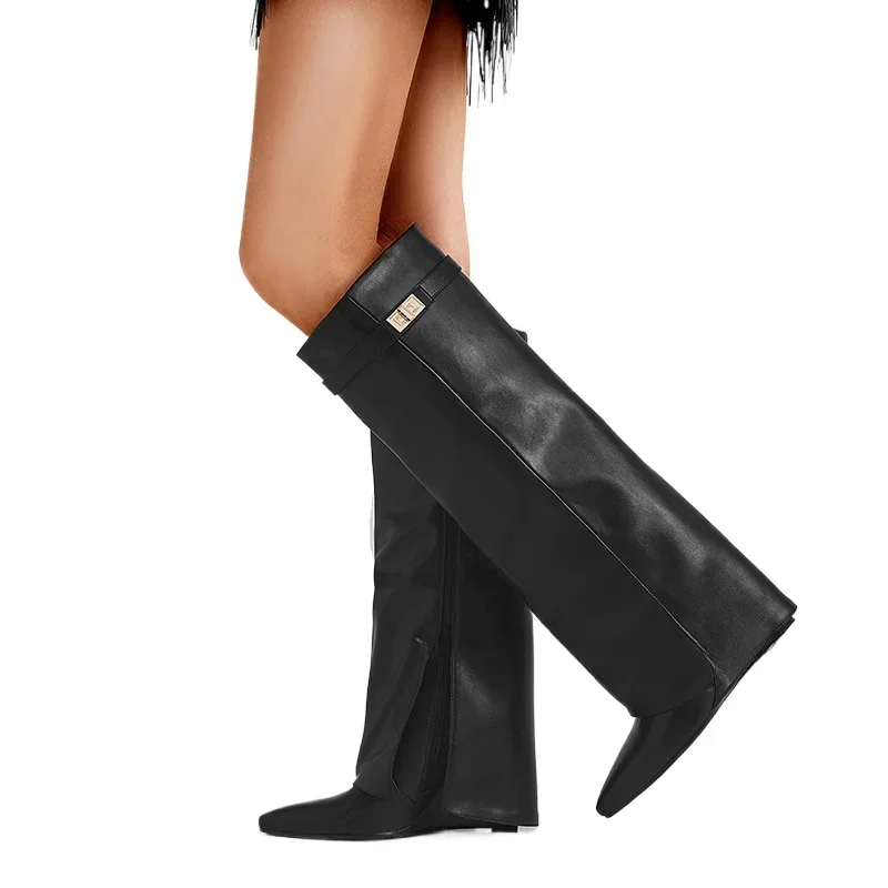 2024 Winter Brand New Fashion Minimalist Knee Boots for Women Europe and America Pointed High Heels Big Size Shoes 43 42 44