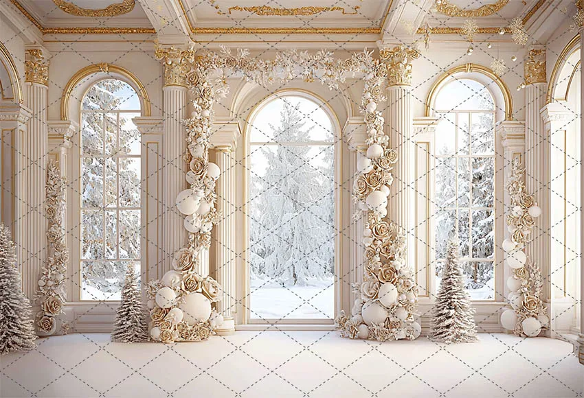 Mehofond Elegant White Christmas Photography Background Family Holiday Party Winter Palace Room Arch Windows Backdrop Photocall