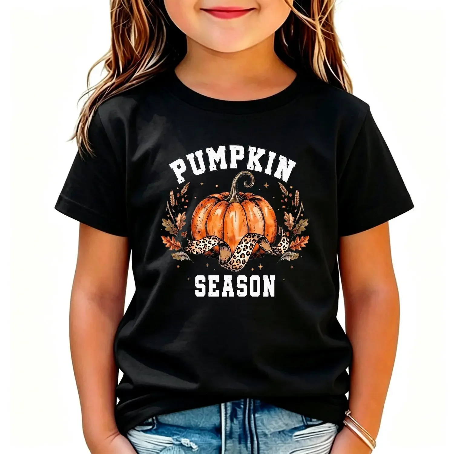 Thanksgiving Day Cute Fall Pumpkin Season Graphic Girls T Shirt Clothes Casual Short Sleeve Crewneck Tee with Leopard Print Ribbon and Autumn Leaves Pattern Soft Comfortable Summer Top