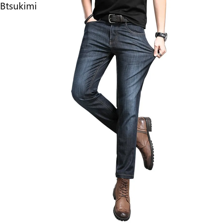 Spring New Men's Solid Regular Fit Jeans Business Fashion Classic Denim Stretch Straight Pants High Quality Casual Trousers Male