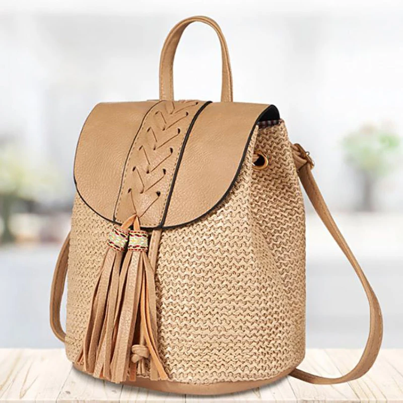 Women Backpack Drawstring Female Fashion Straw Bag Summer Beach Hollow Lady Weave Pack Bag Large Capacity Travel Shoulder Tote