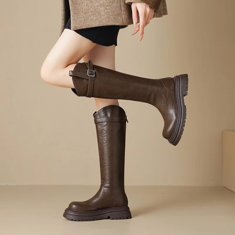 Fall New V-Notch Knee-high  Boots Thick Bottom Heightening Fashion Boots No Drop Tube Knight Boots Women's Retro Round Toe 2027