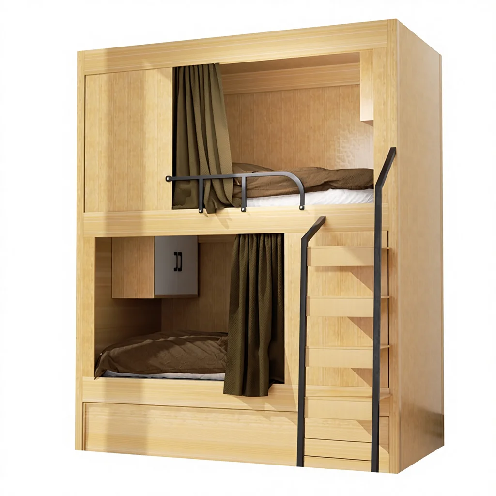 Modern and Simple Wood Bunk Bed for School Dormitory Guardrail Space Capsule Youth Apartment High and Low Bedpromote sales