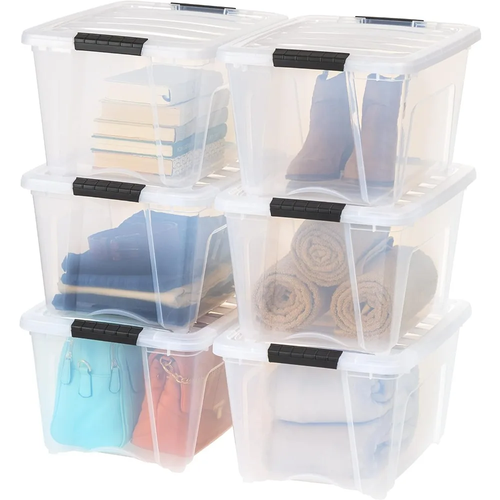 USA 32 Qt Stackable Plastic Storage Bins with Lids, 6 Pack - BPA-Free, Made in USA - See-Through Organizing Solution,