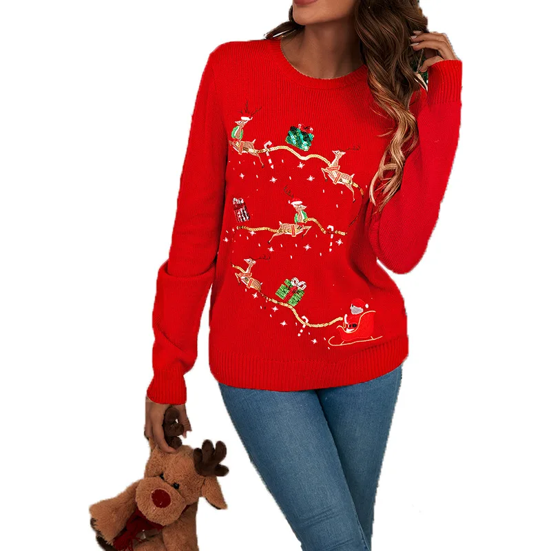 

Рождественский свитер, большой свитер с вышивкой оленя, свободный трикотажный свитер с круглым вырезом, женский уютный праздничный пуловер