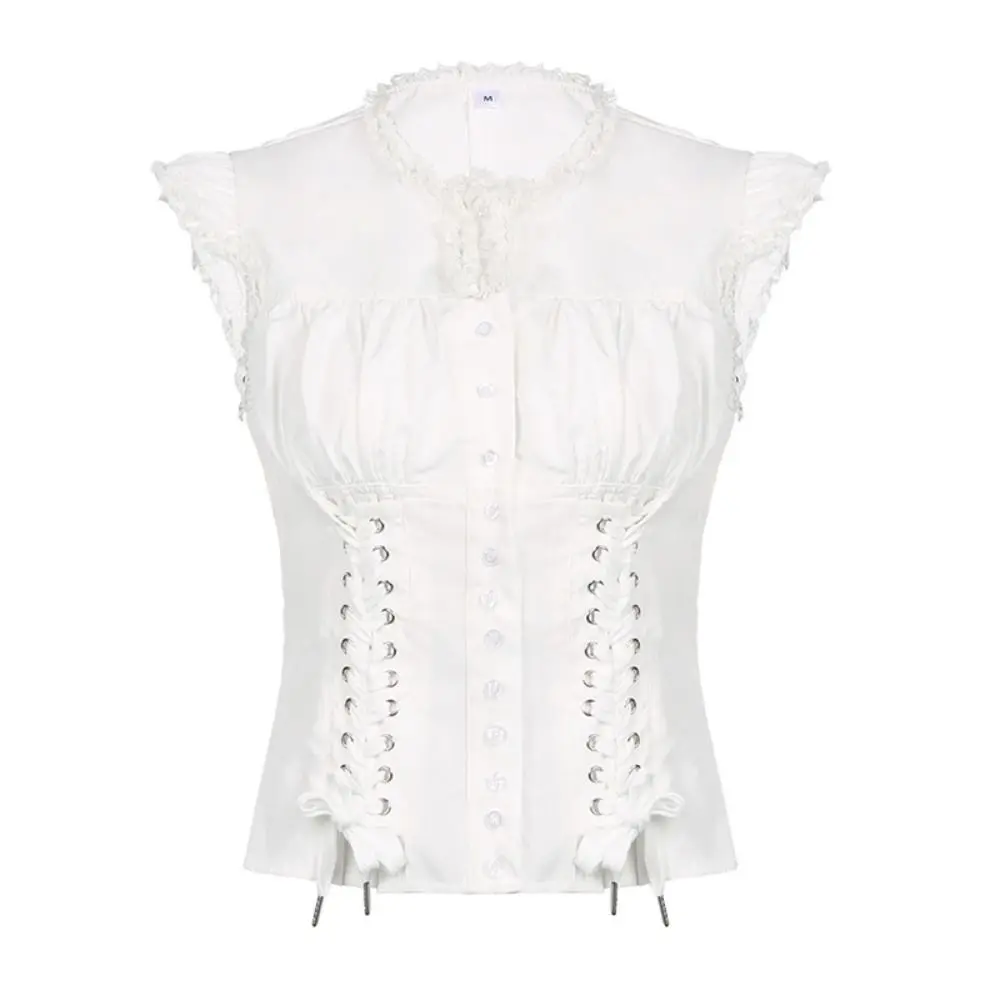 

Sweet Ruffle Sleeveless Shirts French Style Lacing Lace-up Crope Shirt Top Waist Cinching O Neck White Blouse Women Summer