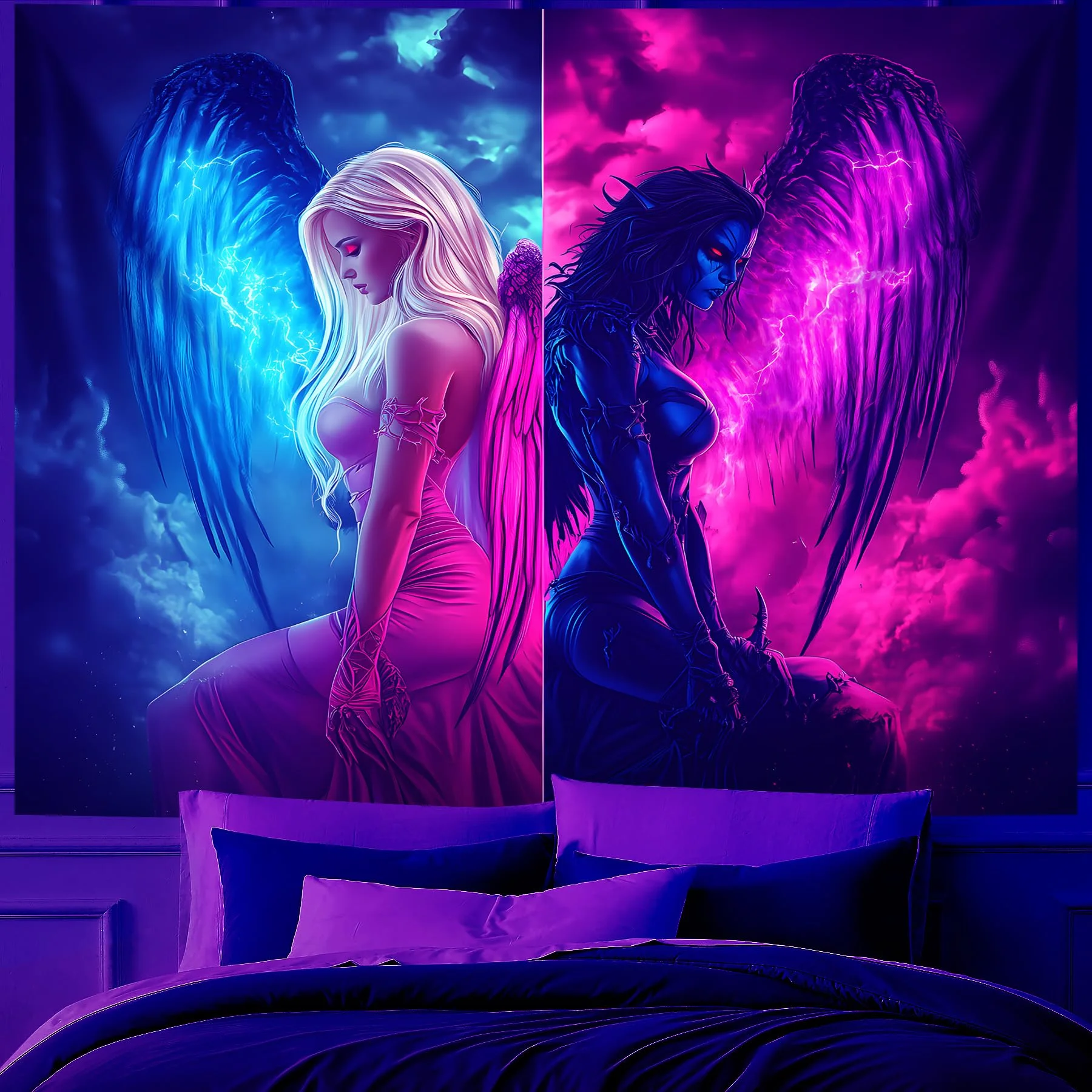 VIKAMA Engel & Dämon Wandteppich Neon Cyberpunk Gaming-Raum Wanddekoration Wohnzimmer, Schlafzimmer & Studentenwohnheim Dekor