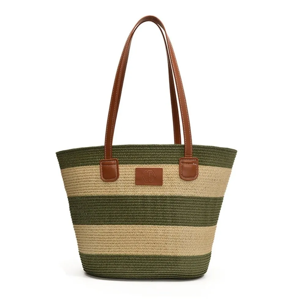 

Large Capacity Stripe Woven Tote Bag Lightweight Contrast Color Shopping Straw Bag Leather Polyester Summer Beach Handbag