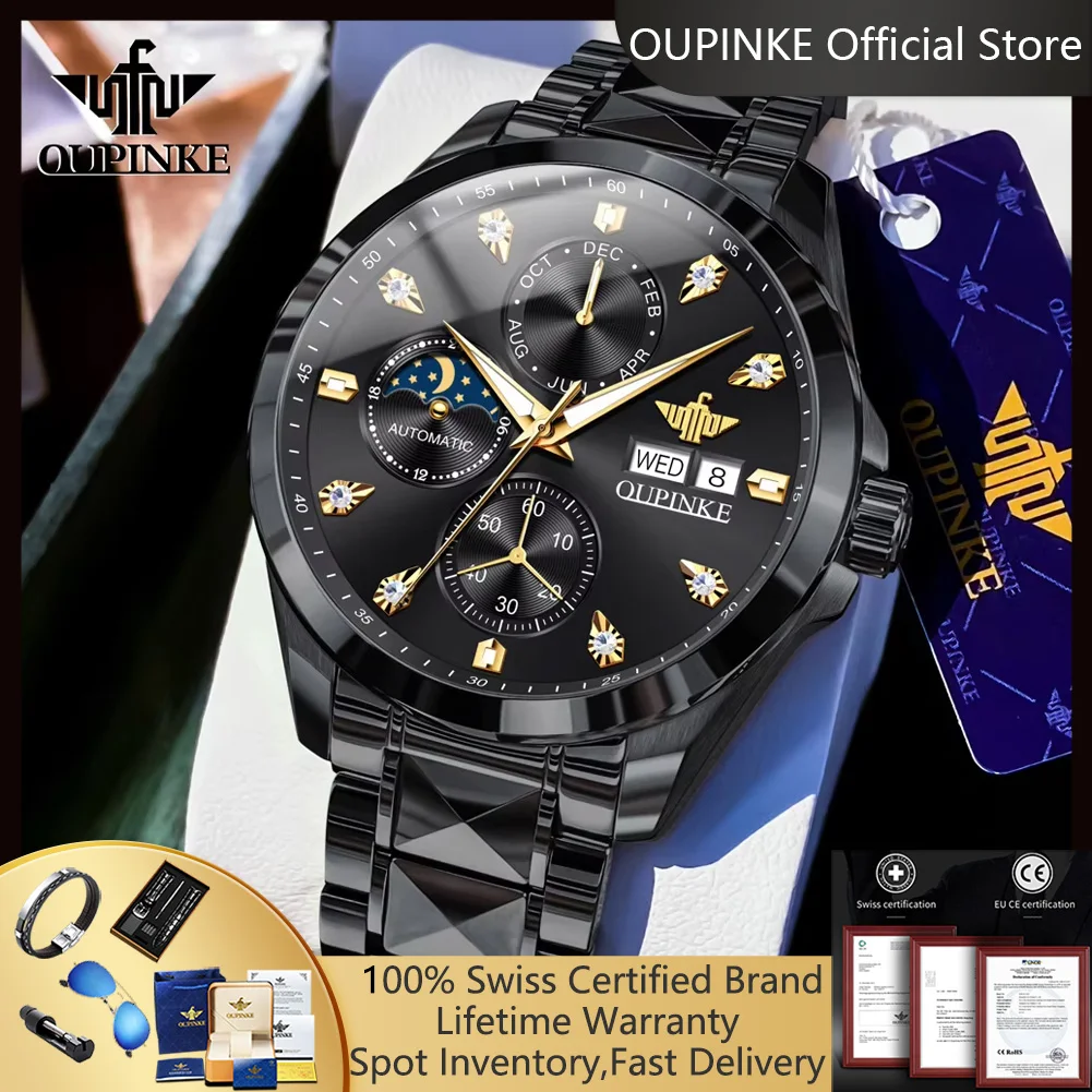 

OUPINKE 3298, автоматические мужские часы с фазой Луны, лучшие роскошные мужские часы, хронограф с автоматической датой и неделей, оригинальные механические наручные часы