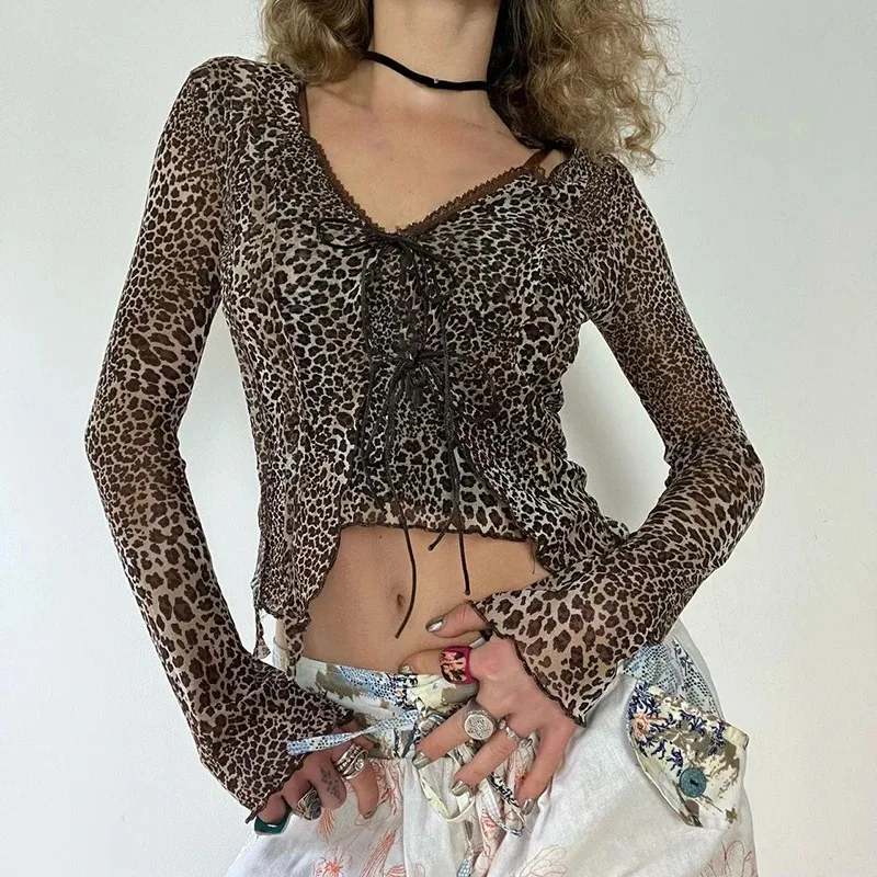 

Leopard Crop Cardigans 2 Piece Set Women Bandage Harajuku Cardigan Sleeveless Vest Suit Pull Femme Y2k Aesthetic Clothes NWQ67