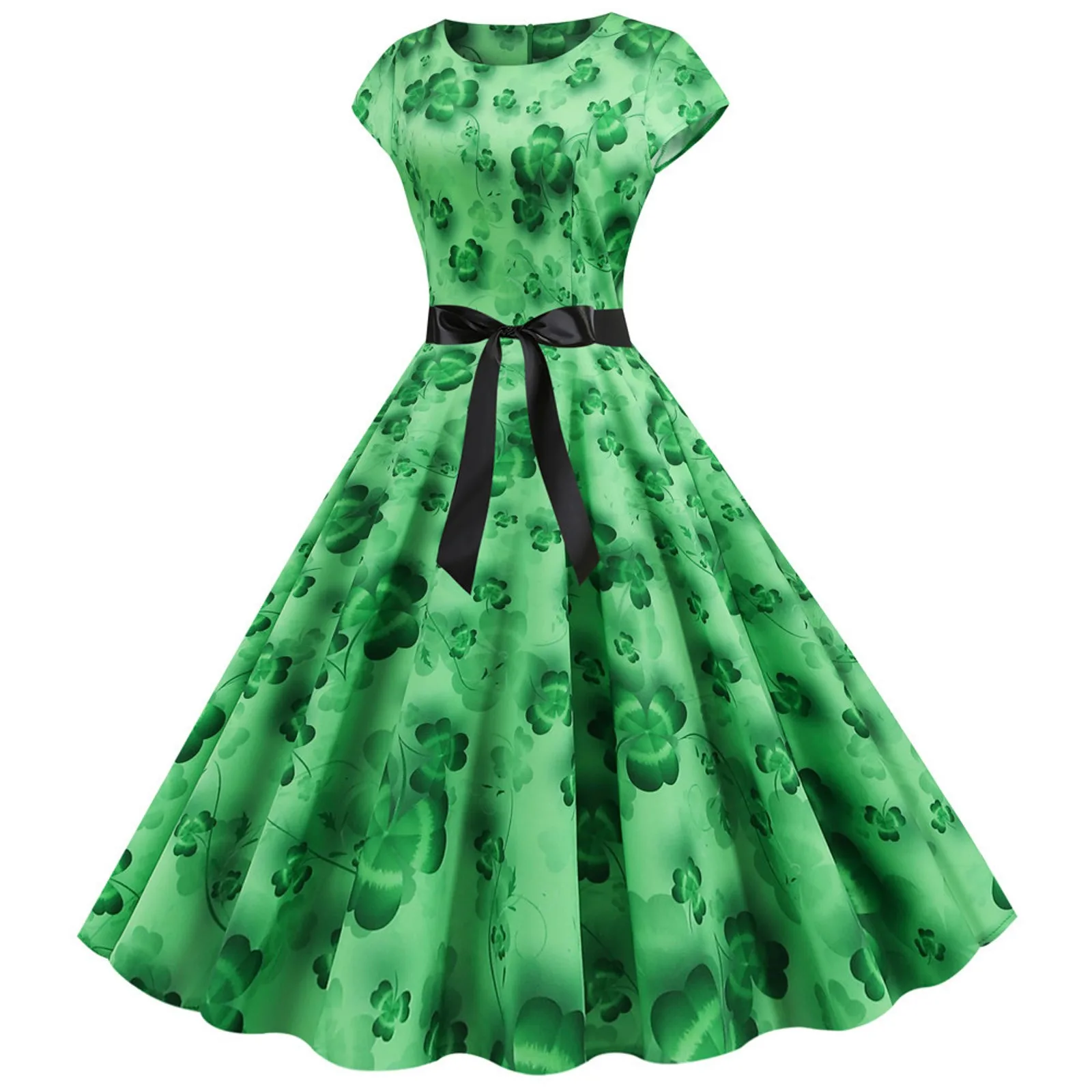 Women's dress short A-line-Skirts Irish-National-Day Female St-Patrick-Day Green Clover Short-Sleeve Dress Big Swing Vestidos