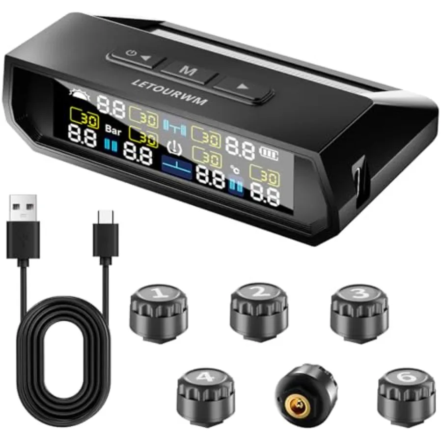 

RV Tire Pressure Monitoring System -TPMS 202 Upgrade Tire Pressure Monitor with Solar Charge and USB Type-C Color LCD Display 0