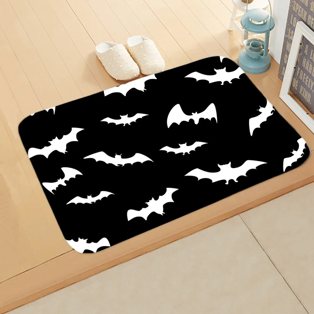 Halloween Carpet Floor Mat Door Mat Halloween Skeleton Skull Bat Witch Decor Non-Slip Floor Mat Bat Flannel Rug