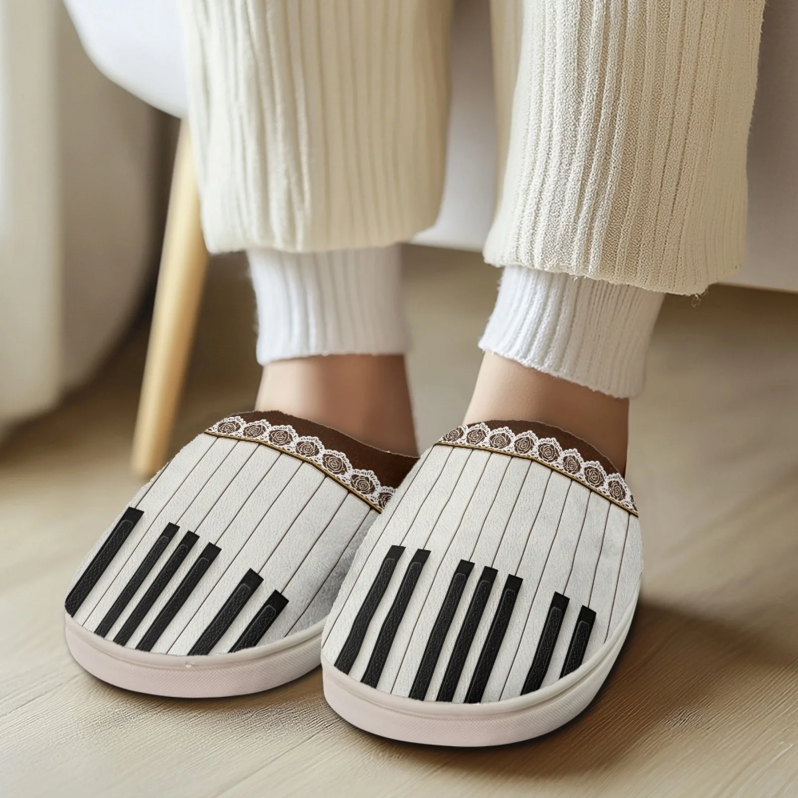 PENSTROLL Piano Key Music Note Soft Cushion Warm Slippers Fuzzy Shoes for House Home Office Slippers Comfortable