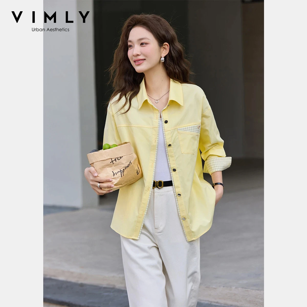 

Женская хлопковая рубашка VIMLY 2026: Новинка Весны, контрастный дизайн в клетку, пэчворк, с карманами, универсальная блузка-жакет для повседневной носки 30690