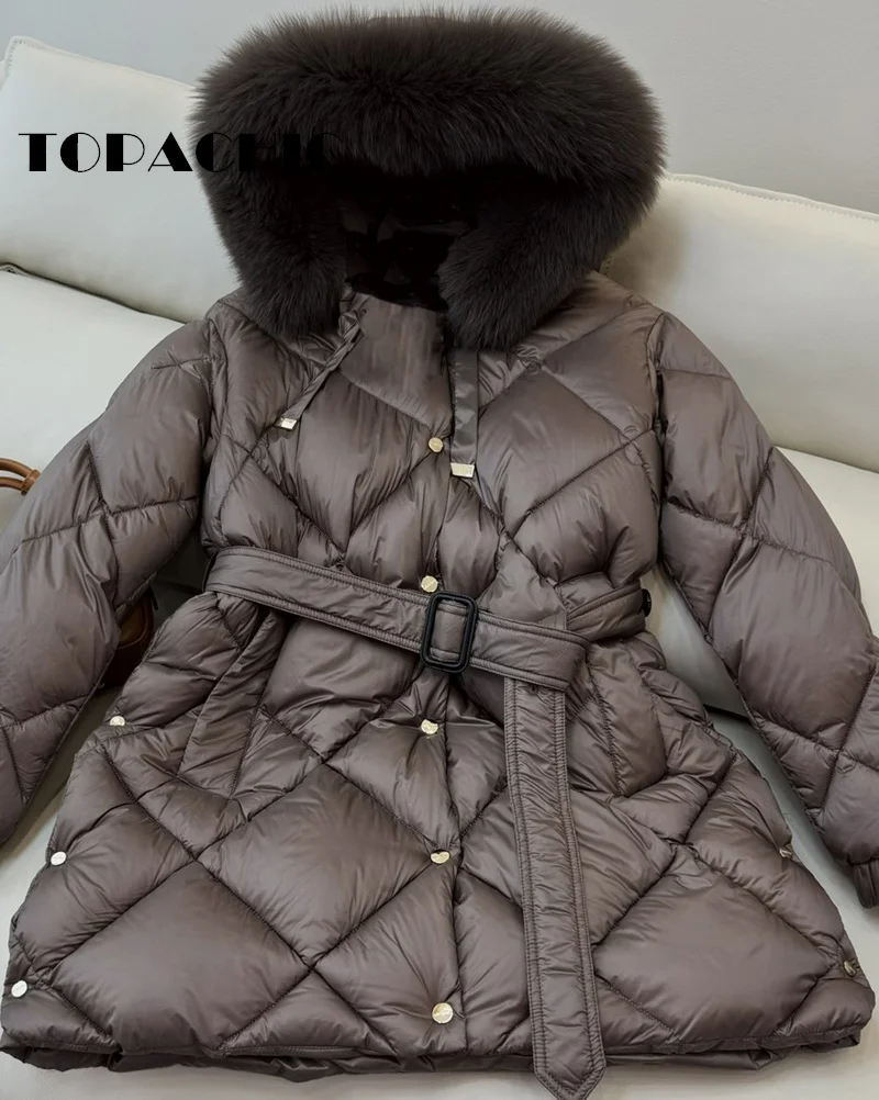 9.5 TOPACHIC-Women Quilted Argyle Plaid White Goose Down Jacket Fur Hooded Keep Warm Mid-Length Sashes Down Outerwear