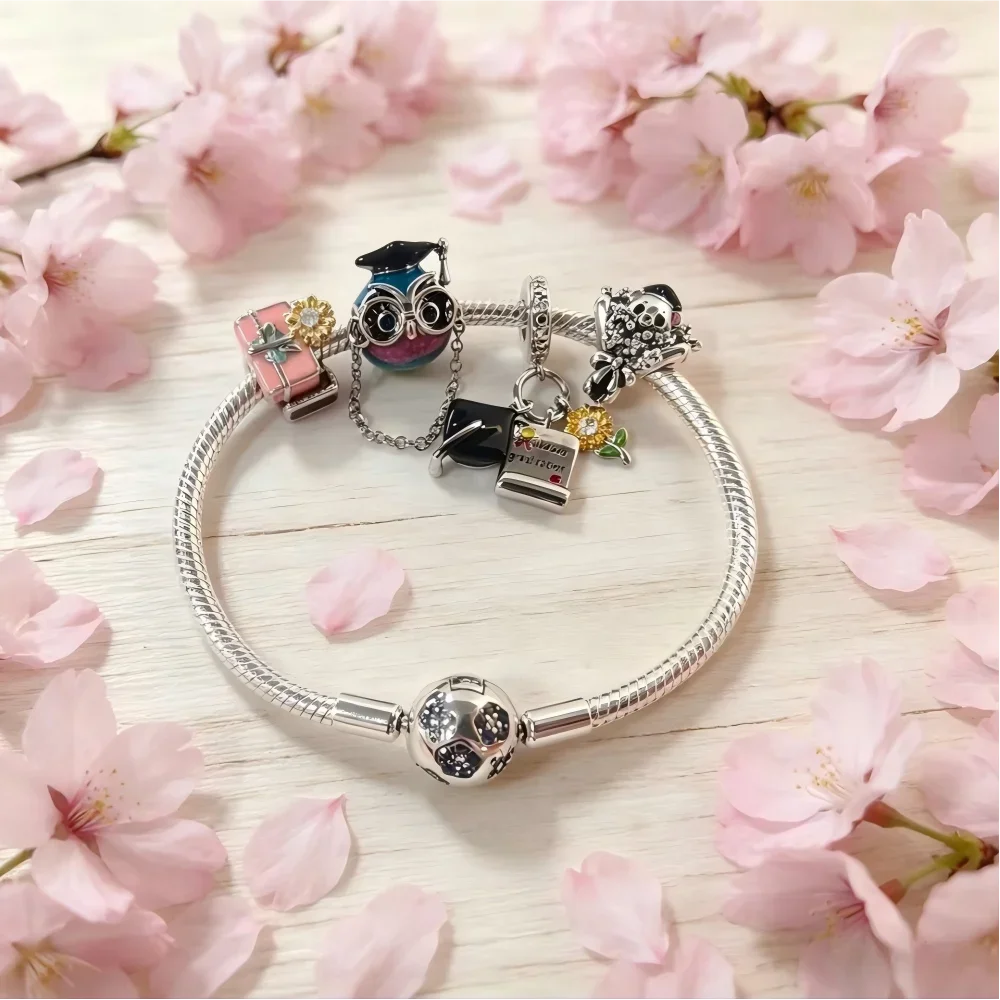 

925 Silver Graduation Theme Bear Bouquet Beads Pendant Bracelet Bag Keychain Charms DIY Necklace Exquisite Jewelry Gift with Box