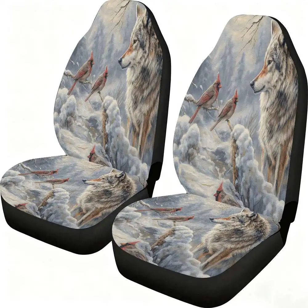 2pcs Wolf And Cardinal Car Seat Covers Suitable For Front Seats High Back Design Material Suitable For Cars SUVs And Trucks Wome
