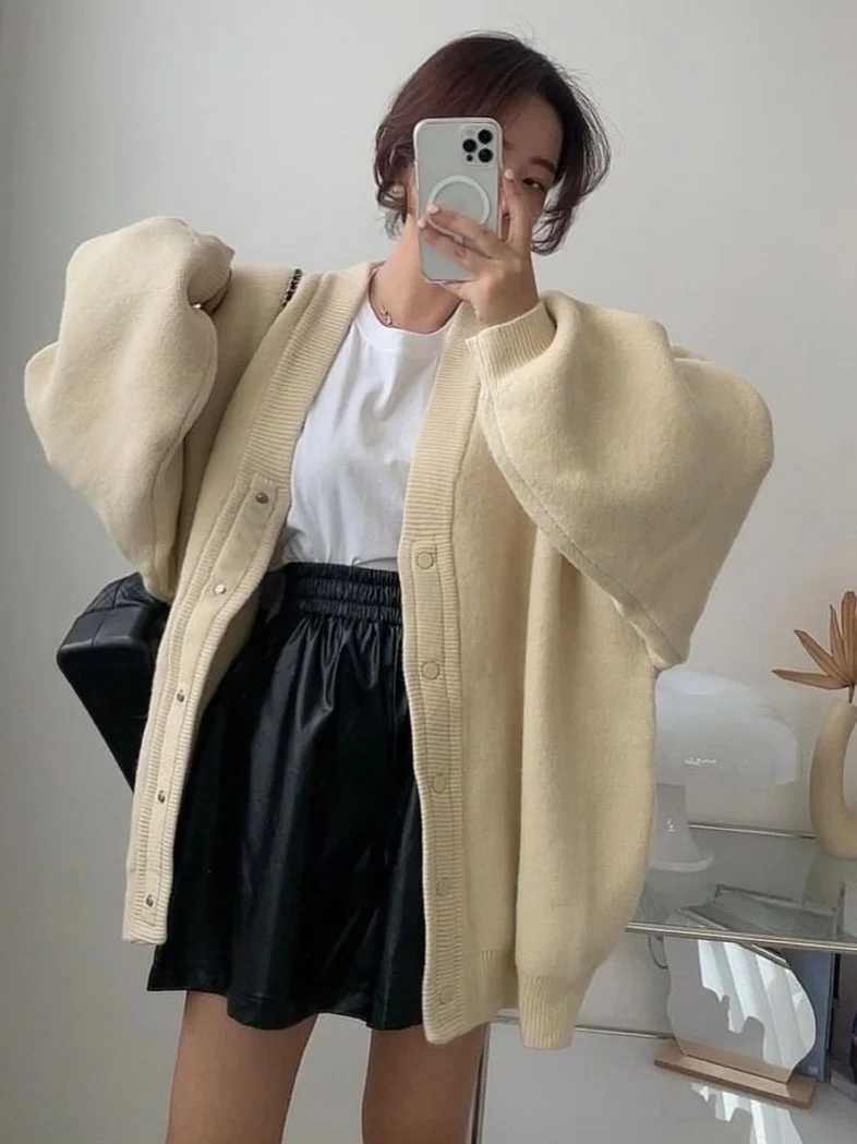 Chic Vintage Autumn Long Sve Knitted Jaet Women's Loose Fit Letter Print Design k Button Street Sle Outerwear