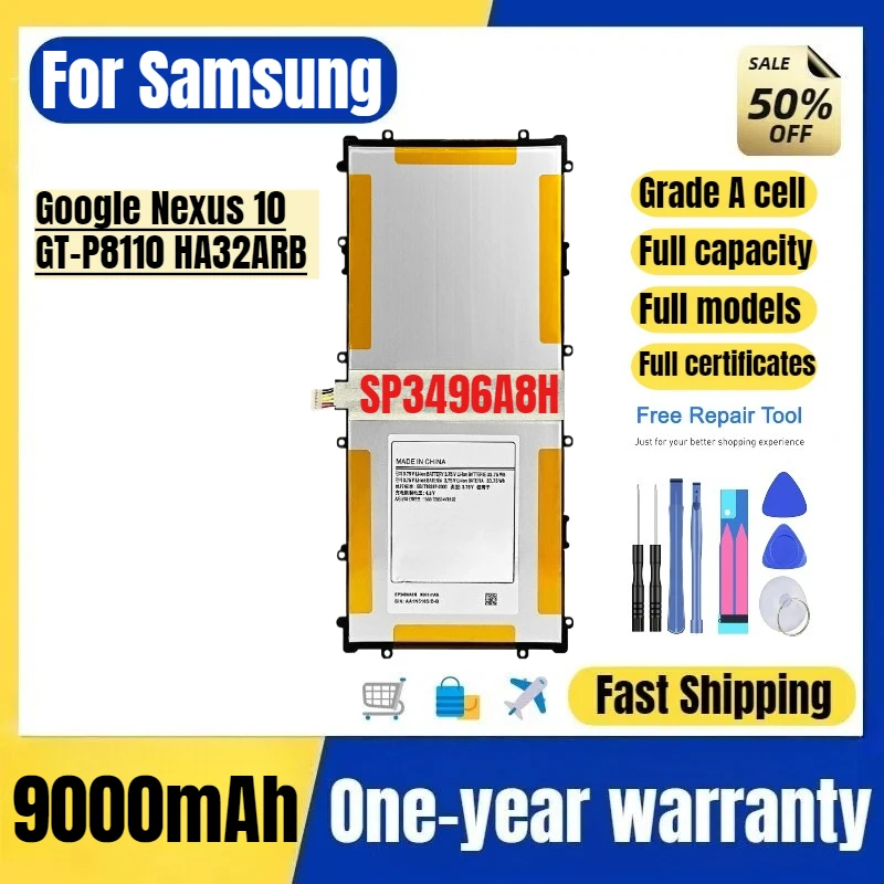 

Аккумулятор SP3496A8H для Samsung Google Nexus 10/GT-P8110 HA32ARB, высокопроизводительная замена батареи, элементы класса А