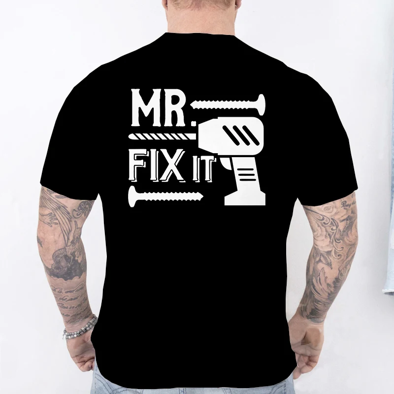 Mr. Fix It T-Shirt for Men, Drill & Screws Graphic Tee, Casual Short Sleeve O Neck Tops, Funny Handyman Gift for Dad & Mechanic