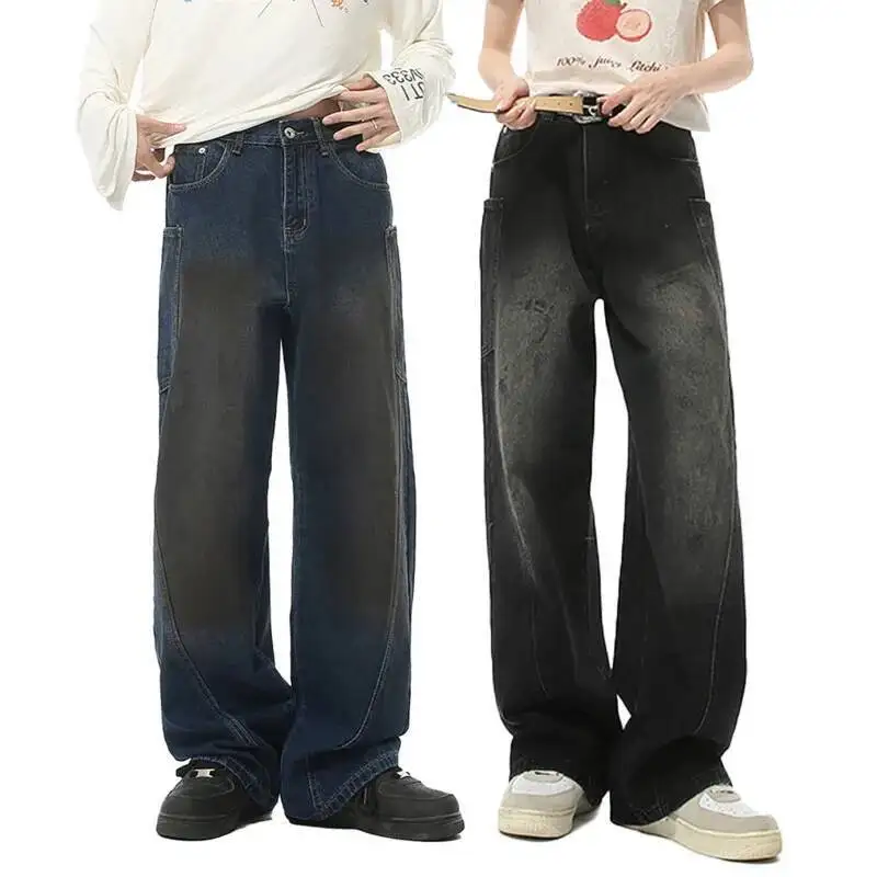 Celana Jeans Pria Model Muda Trendi Gaya Amerika High Street, Desain Splicing, Aging, Deconstructing, Fashionable, Serbaguna, Potongan Lurus Longgar