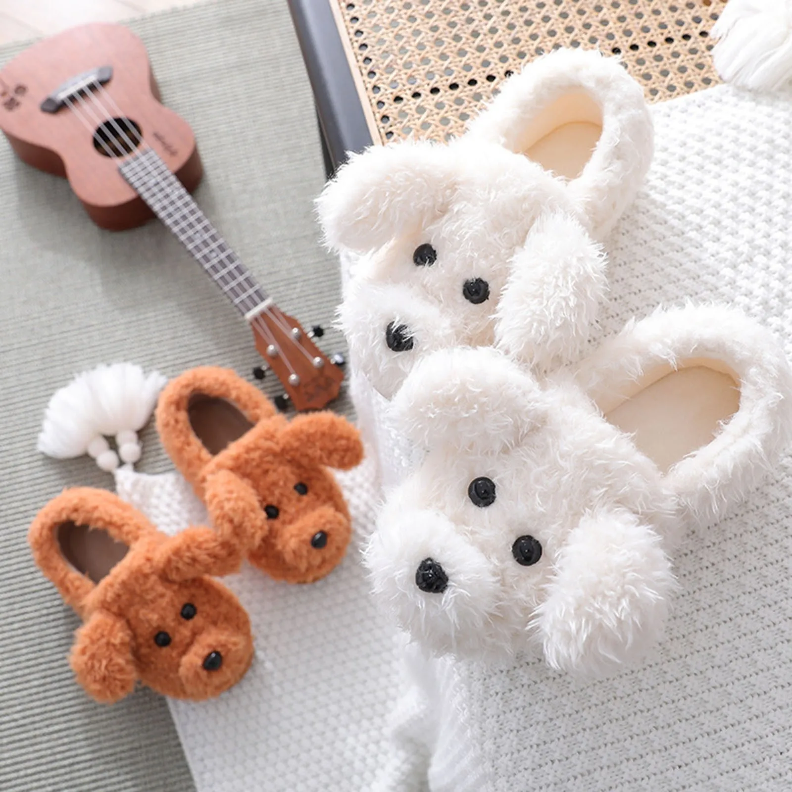 

Cute Pet Dog Short Plush Slippers For Women Winter Warm Furry Cotton Shoes Couples Home Indoor Bedroom Comfortable Slippers