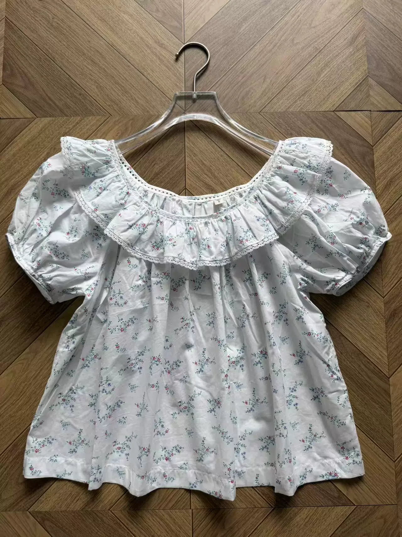 

Pure Cotton Women White Blouse Tops Floral Printed Lace Spliced Round Neck Puff Sleeve Casual Female Shirt