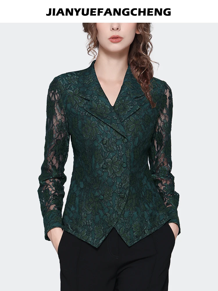 Long Sleeve Green Lace Top Women 2023 Autumn New Elegant Slim Suit Collar Hollow Out Floral Shirts Vintage Casual Blouses