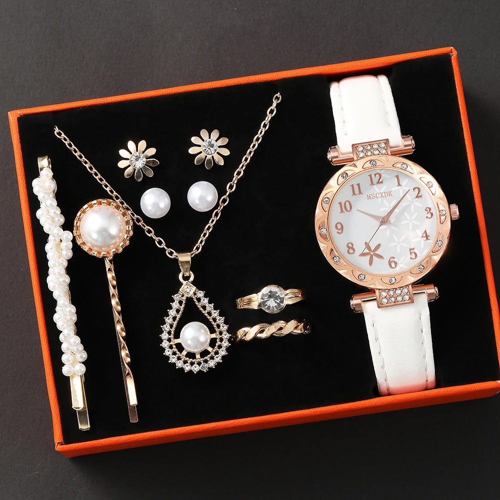 10pcs Women\'s Watch Set Fashion Casual Round WOMEN\'S Quartz Watch Fashion Hairpin Earrings Necklace Ring Watch Set