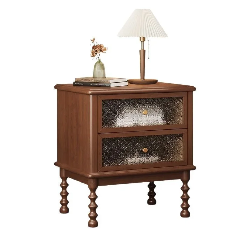 

New Chinese bedside cabinets, solid wood logs, medieval small apartment bedroom drawers, corner cabinets with glass side