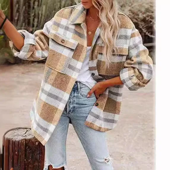 

Autumn Winter Women's Long Sve Plaid Woolen Coat Loose Fit Turn-down Collar Cusizable Faion Design Clothing
