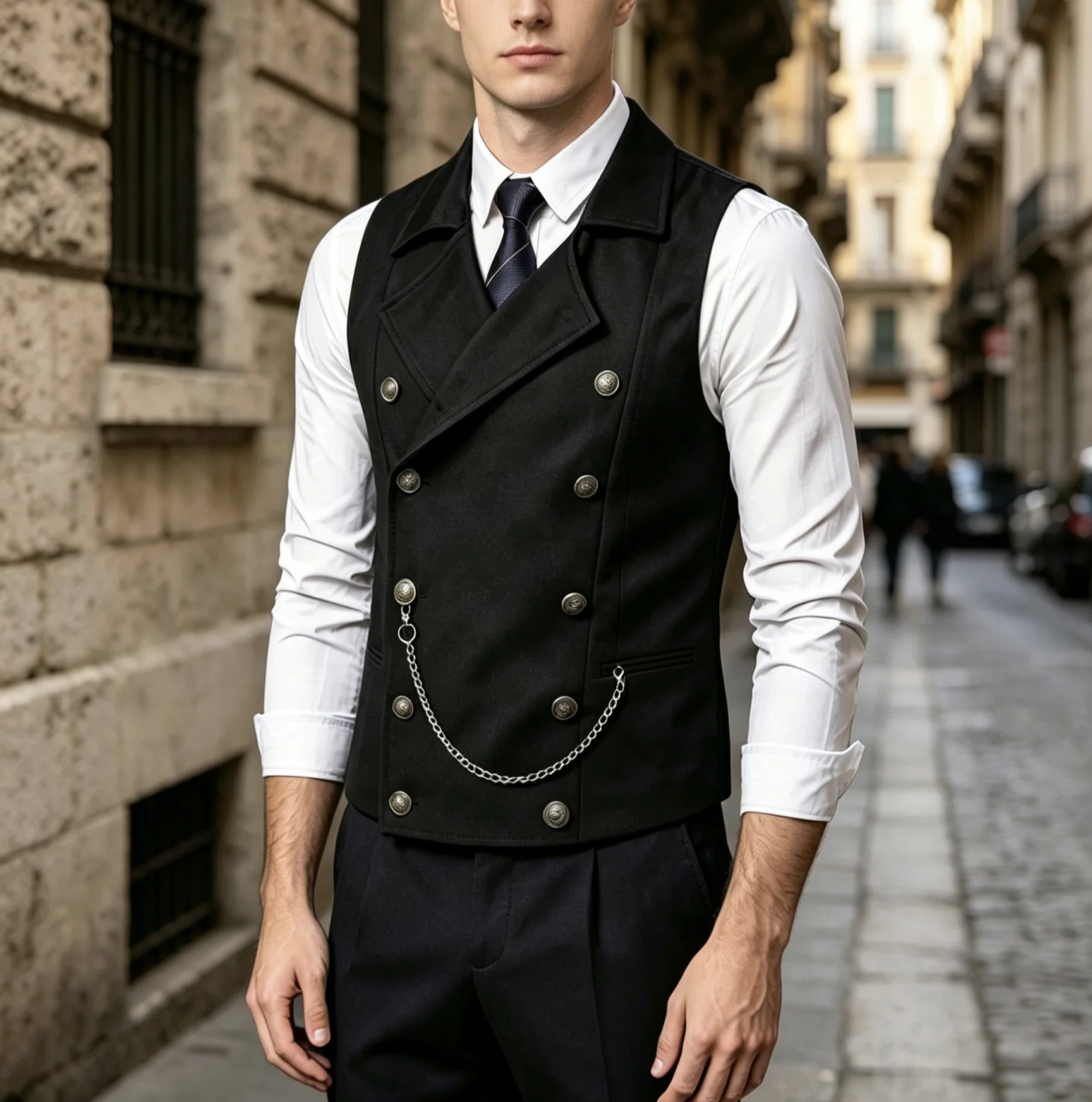 

Men Vintage Double Breasted Waistcoat With Chain Lapel Collar Formal Sleeveless Vest Gothic Steampunk Party Dress Vest
