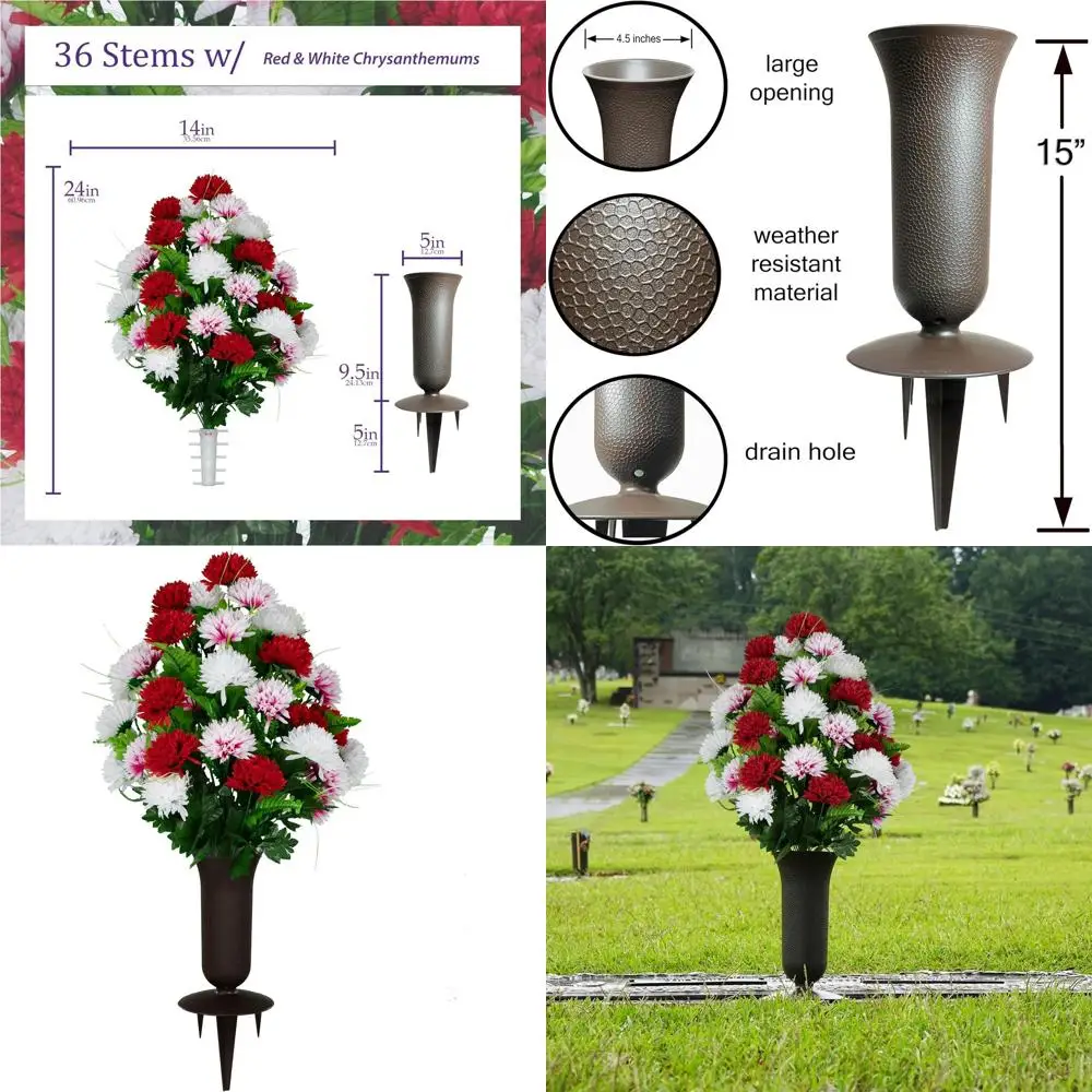 

Artificial Cemetery Flowers - Graveyard Arrangements - Red & White Chrysanthemums - Bouquet & Vase Set