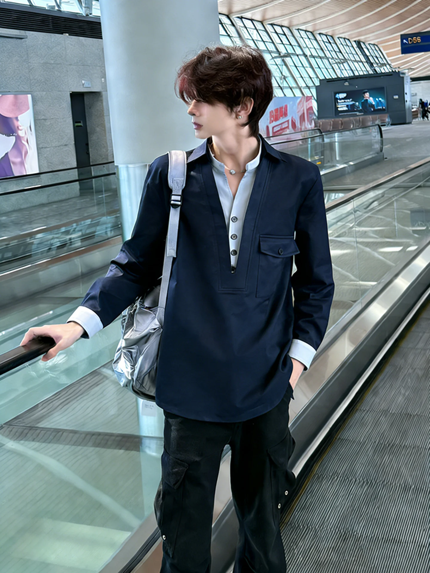 

Мужская повседневная куртка-двойка с V-образным вырезом, синяя, весна-осень, высокое качество, полиэстер