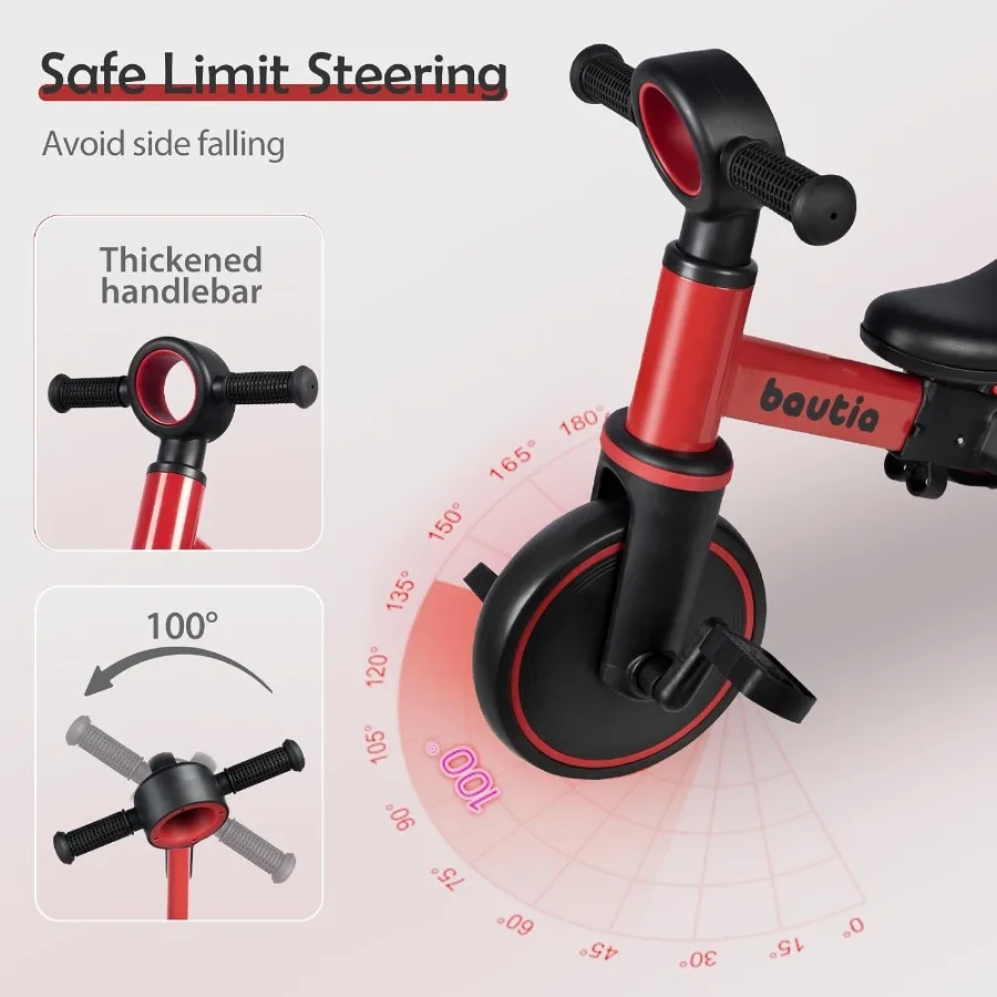 Tricycle for Toddlers 1-3 with Push Handle 5 in 1 Baby Balance Bike Toy for 1-4 Years Old Boys Girls Gift with Removable Pedals