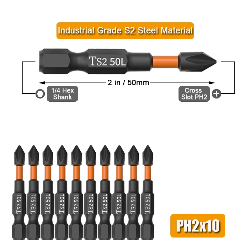 Jeu d'embouts de tournevis à percussion PH2, forets de tournevis, perceuse magnétique à tige hexagonale, accessoires pour outils électriques, 1/4 ", 10 pièces
