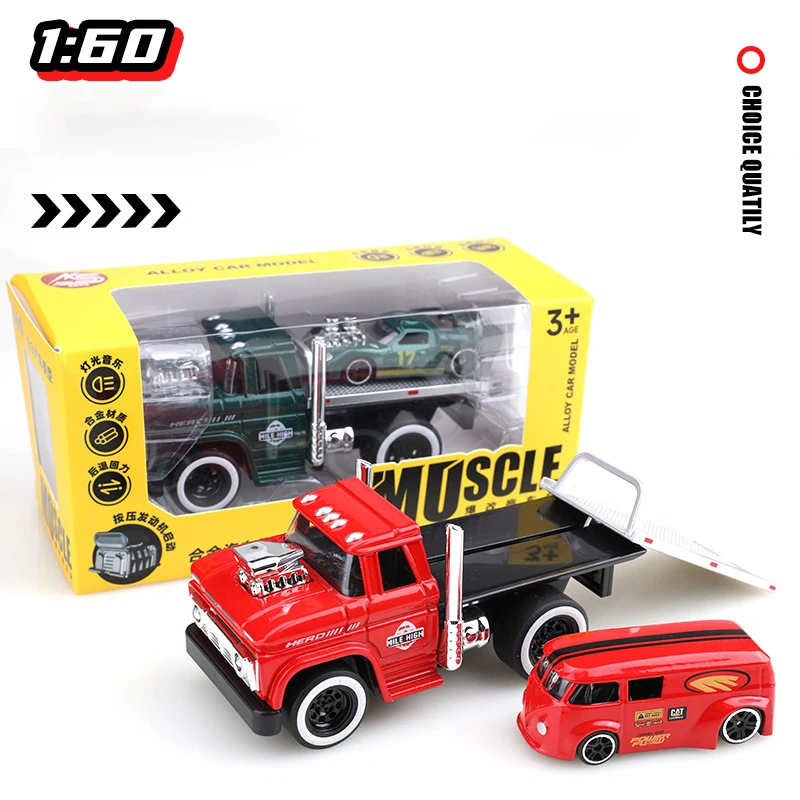 1:60 Alloy Truck Flatbed Transport Car Vehicles Model Diecasts Metal Muscle Trailer Car Rescue Vehicles Model Childrens Toy Gift