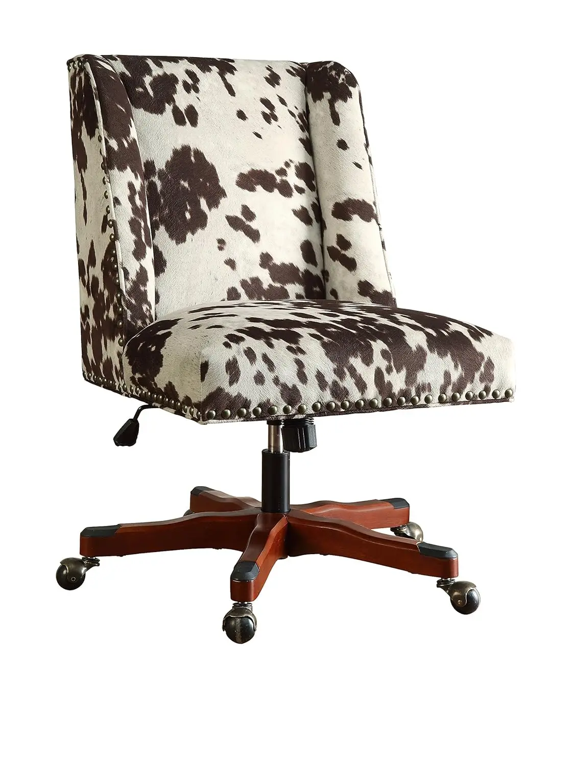 

Draper Wood Base Upholstered Rolling Office Chair in Brown Cow Print, Customized