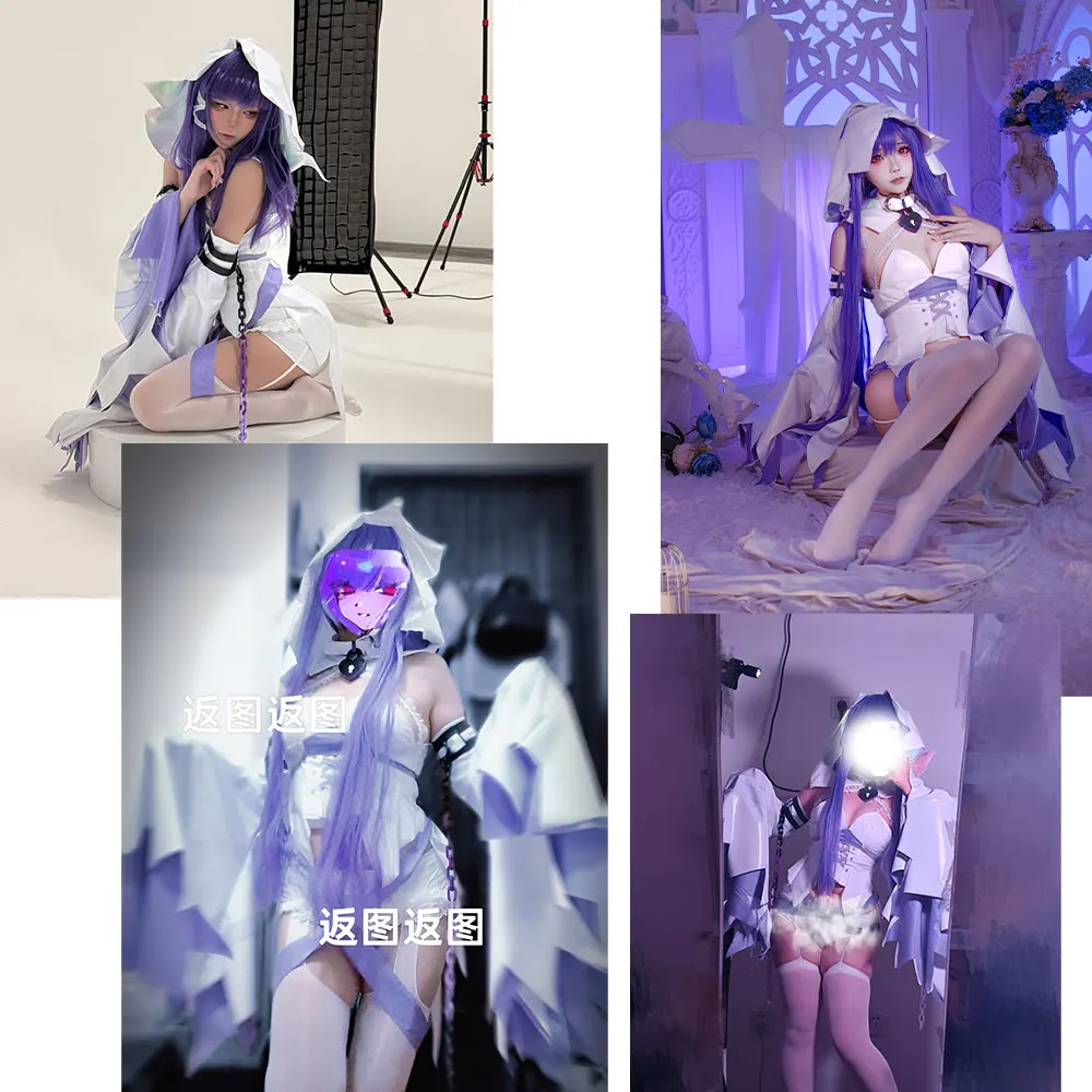 HSIU Ghost Marija Cosplay Clothing Wig 80CM Long Blue‑Purple Heat Resistant Synthetic Hair Muse Dash Marija Cosplay Costume Wig