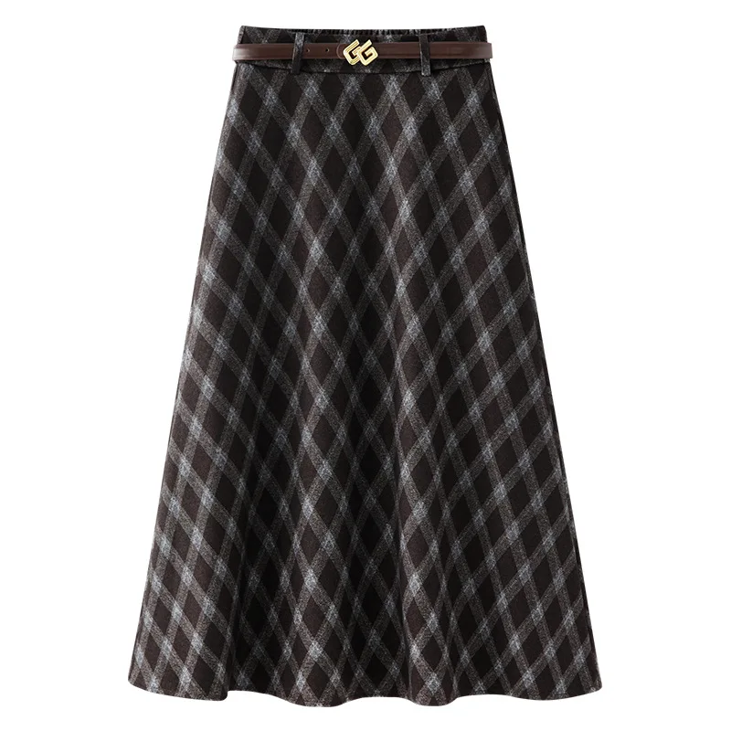Шерстяная клетчатая юбка-миди для женщин, утягивающая меладно-коричневая винтажная клетчатая юбка средней длины, юбка трапециевидной формы
