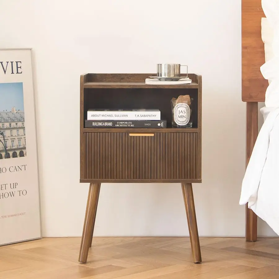 

Mid Century Modern Nightstand, Wood Bedside Table with Fluted Drawers, Rustic Night Stand Bed Side Table with Solid Wood for Liv