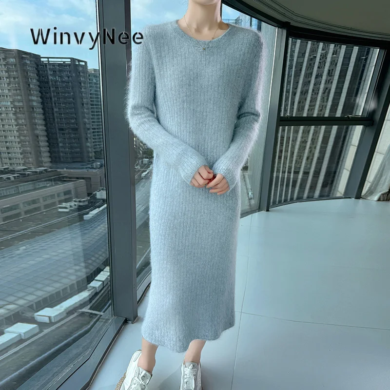 WinvyNee Women Sweater Midi Dress Mink Cashmere Loose Cut Brushed Fabric Urban Look Casual Wear Warm Garment Chic Piece E1248095