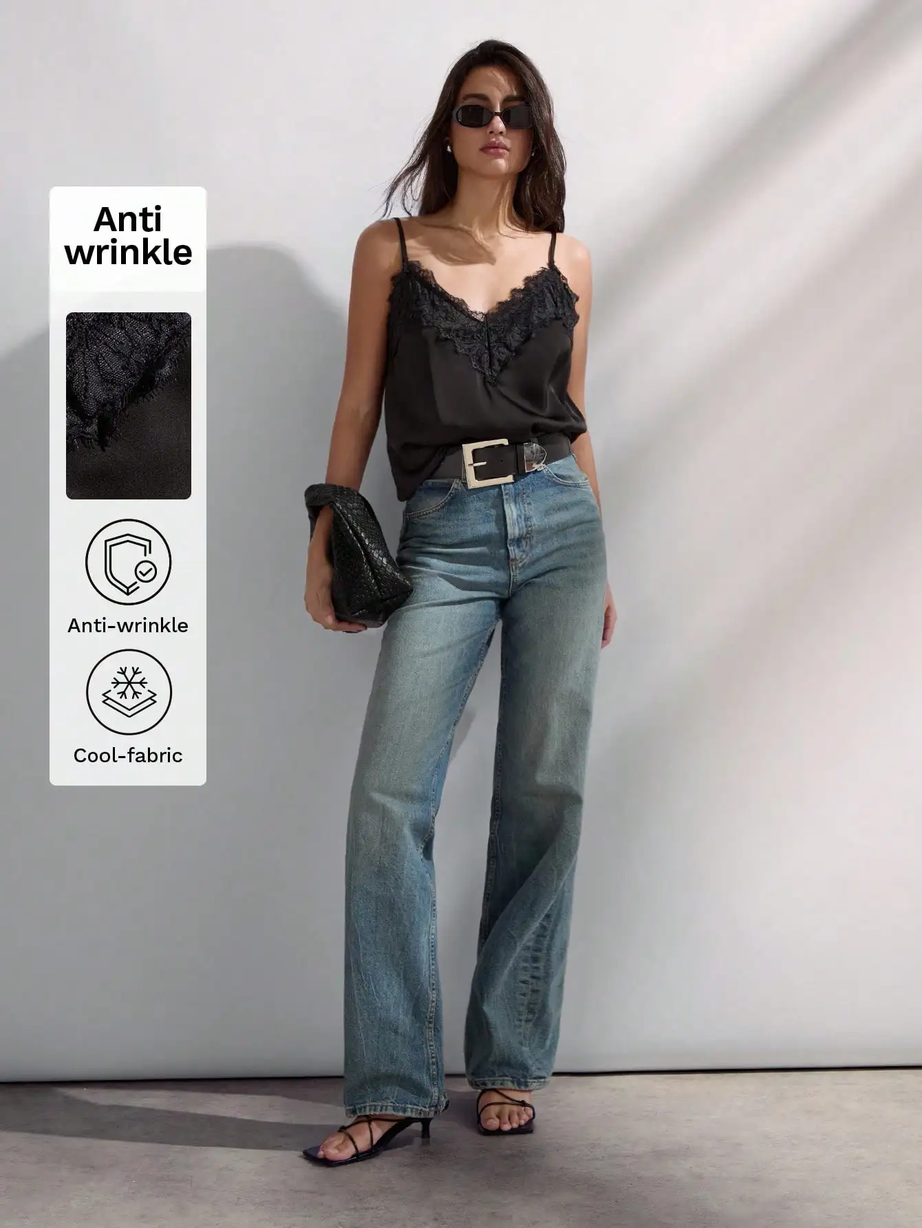 

Черный кружевной топ с V-образным вырезом и тонкими бретелями, из охлаждающей ткани, не мнется, элегантный для повседневных и торжественных случаев