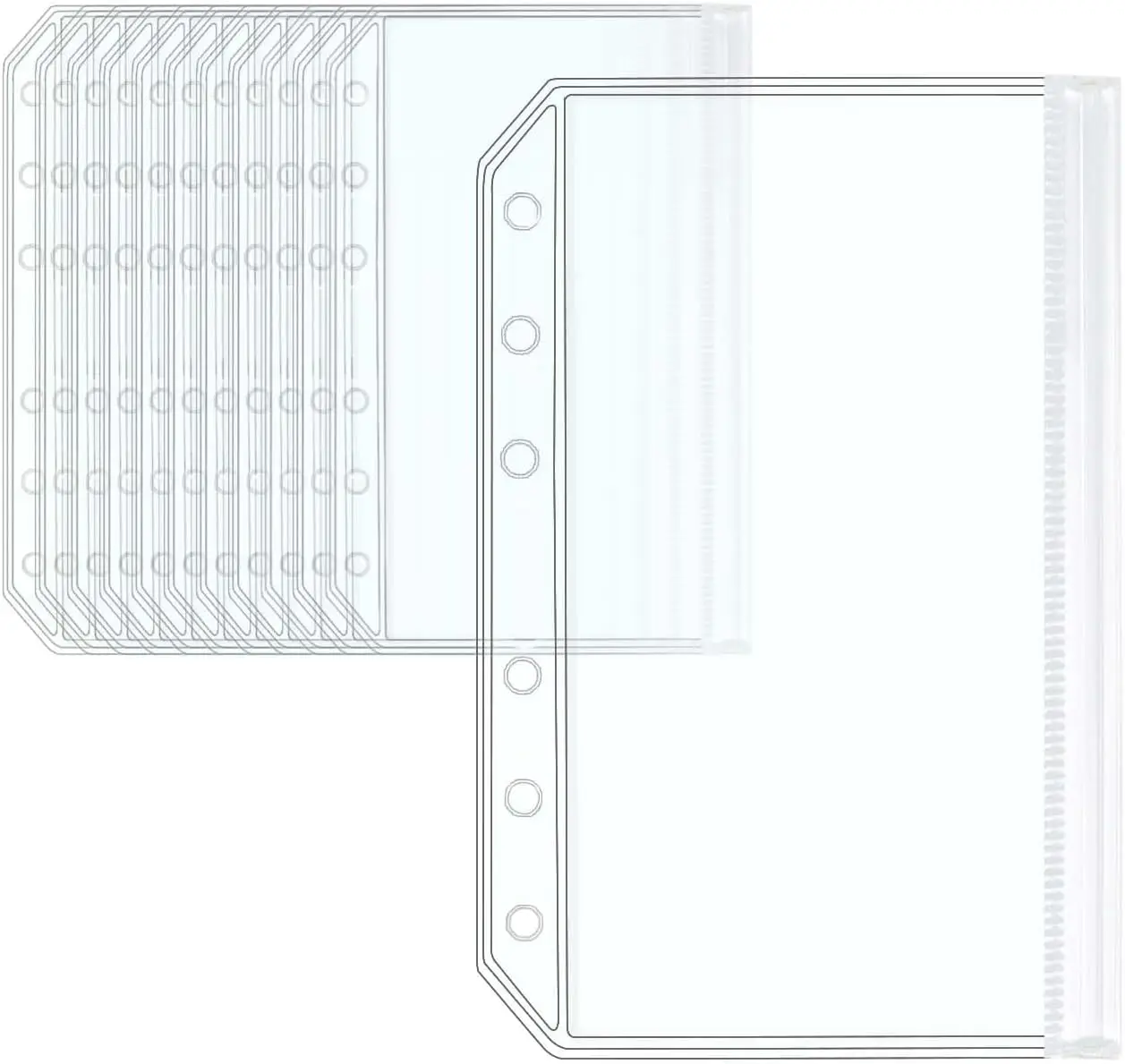

New 12pcs A6 Binder Pockets Clear PVC Cash Envelopes 6 Holes Binder Zipper and Side Open Pouch Loose Leaf Folders Binder Inserts