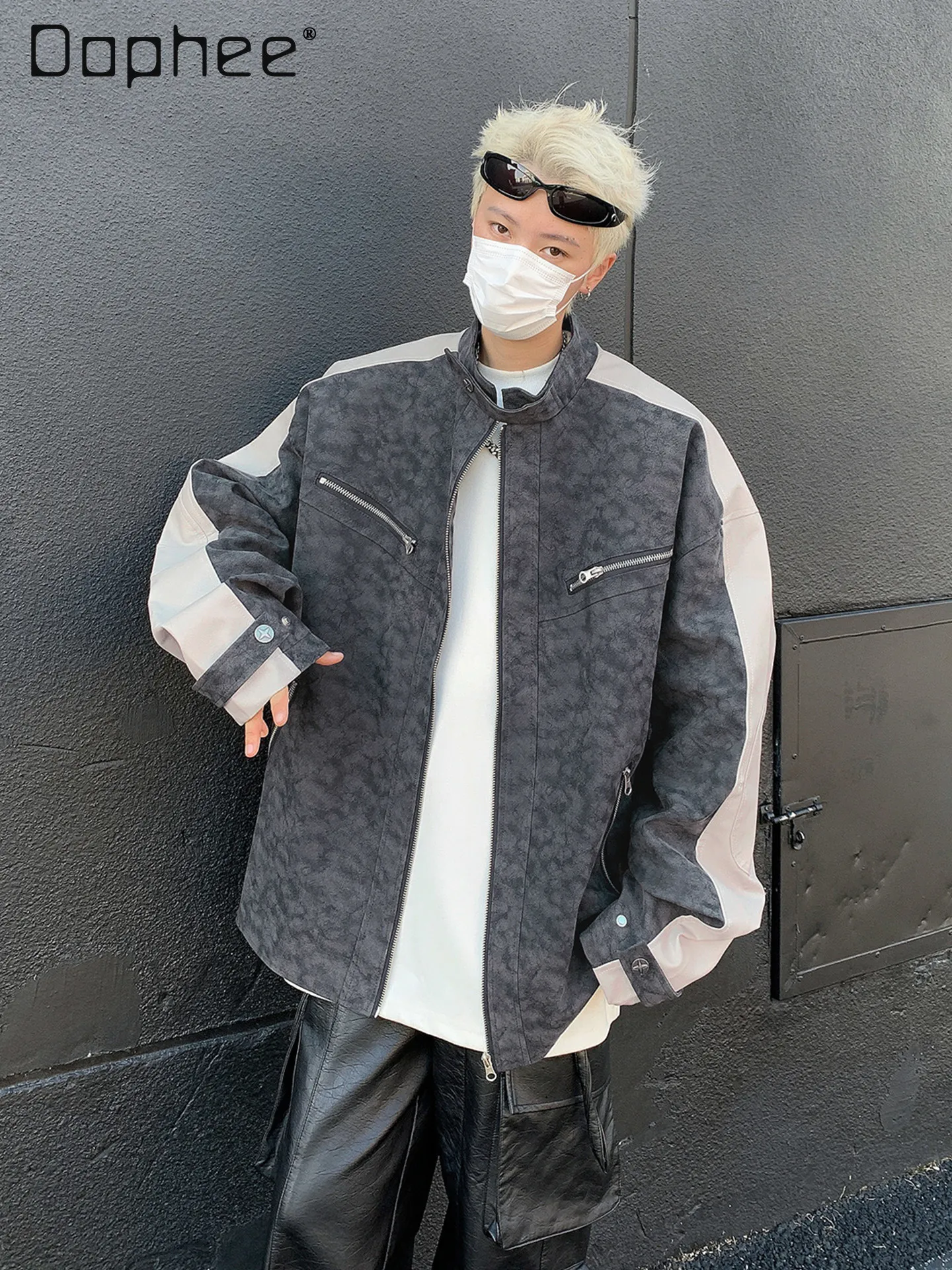 

Spring and Autumn American Street Retro Locomotive Style Loose Casual Men's Gray Color Stand-up Collar PU Leather Jacket